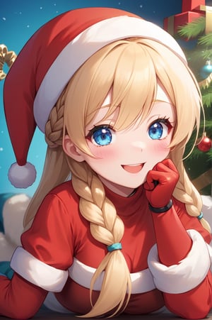 masterpiece, best quality, high resolution, extremely detailed CG, santa costume, santa hat, :d, half-closed eyes, blue eyes, (detailed eyes), (round eyes), (perfect detailed face:1.2), long hair, (light blonde hair), braiding hair, charming, cheerful, cute, (round face), elaborately designed clothes, (brilliant colorful luminescence costume:1.1), puffy (elbow gloves), flat chest, (merry christmas:1.1), (best shadow:1.1), (bright colors:1.2), (christmas party), laughing