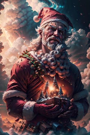 fantasy00d, A huge cloud like Santa Claus wear santa hat, Warm light of blessing gifts from heaven to earth, Lomography, behance HD, 