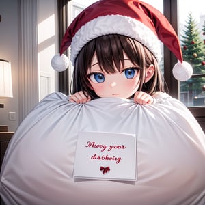 christmas room, a Old man, naked bag, santas hat, message card on bag, insanely detailed, absurdres, masterpiece, best quality, define light, highly detailed light reflection