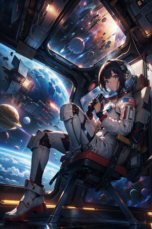 masterpiece, best quality, high resolution, extremely detailed CG, beautiful 1girl astronaut exploring outer space, (space suit like santa)