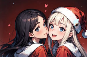 ((face focus)), Santa being kissed on the cheek by the girls next to him, best quality, (happy)