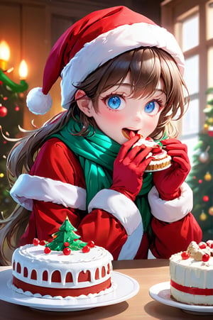 masterpiece, best quality, high resolution, extremely detailed CG, santa costume, santa hat, eating, cake, (detailed eyes), (perfect detailed face), long hair, cute, elaborately designed clothes, (brilliant colorful luminescence christmas ornaments),  (puffy gloves), scarf, (merry christmas), indoors, (bright colors), (christmas party), 