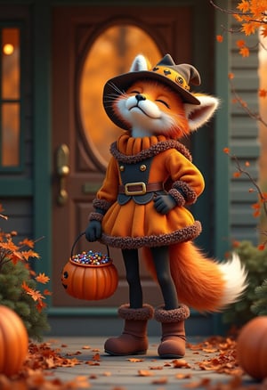 masterpiece, best quality, absurdres, ultra realistic, A whimsical masterpiece: a fox girl posing confidently at the front door of a cozy home, surrounded by autumn's sweetness. She wears an elaborately designed Halloween costume, complete with gloves and a pumpkin-frilled hat, while carrying a candy-filled bucket. Her long hair flows behind her, as she tilts her head upwards, eyes closed in bliss, mouth open in joy. Snow boots add a touch of whimsy to her ensemble. The atmosphere is warm and inviting, perfect for a Happy Halloween celebration.