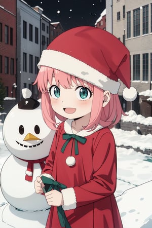 absurdres, highres, beautiful, best quality, anya_forger_spyxfamily, ((santa cos, make a snowman)), eyelashes, shiny eyes, smile, BREAK background city, snow