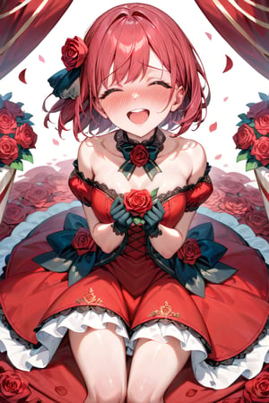 score_9, score_8_up, score_7_up, masterpiece, best quality, 1girl, red rose motif dress, beautiful red roses wrapped gift, gloves, red rose petals background, full-face blush, laugh, embarrassed, pov