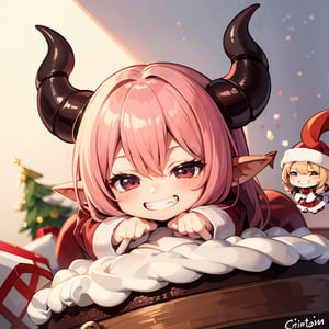 best quality, (((chibi devil))) on christmas cake, (grin:1.4)