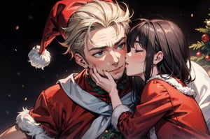 ((face focus)), ((Santa being kissed on the cheek by the girl next to him)), best quality, (happy)