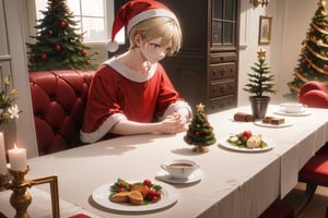 (((View from a distance))), Christmas table, lots of crockery, lots of chairs, (sad, looking down, 1boy with santa hat), absurdres, masterpiece, best quality, define light, highly detailed light reflection,