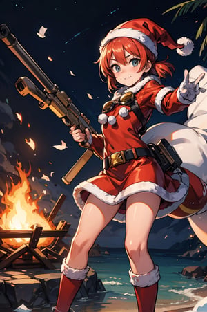 best quality, Santa bazooka fire at the viewer wearing goggles