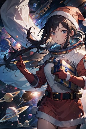 masterpiece, best quality, high resolution, extremely detailed CG, beautiful 1girl astronaut exploring outer space, (((space suit like santa))), santa gloves, floating, floating hair, (smile:0.7)