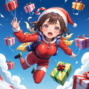 Illustration of XL-chan v1.0, santa skydiving, many gifts, (((Scared))), wind effect