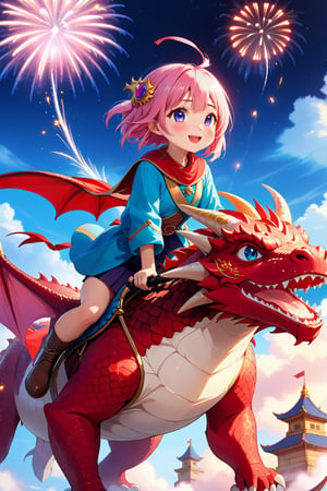 absurdres, highres, official art, beautiful, aesthetic, best quality, (cute girl ride a Dragon flying sky), happy, BREAK (background is fireworks sky, festival)