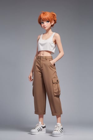 character sheet, orange haired girl, light blue background, beautiful, good hands, full body, looking to the camera, good body, 18 year old girl body, sexy pose, full_body, with small earrings, character_sheet, fashionable hairstyle, arcane style, clothes with accessories, ribbed cropped tank in white, cord pull on cargo pants in biscuit, adidas Originals Superstar Bonega platform sneakers in white and black, cord pull on cargo pants in biscuit, casual wide leg pants in camel