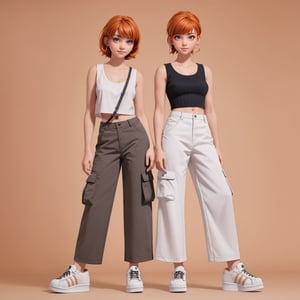 character sheet, orange haired girl, light blue background, beautiful, good hands, full body, looking to the camera, good body, 18 year old girl body, sexy pose, full_body, with small earrings, character_sheet, fashionable hairstyle, arcane style, clothes with accessories, ribbed cropped tank in white, cord pull on cargo pants in biscuit, adidas Originals Superstar Bonega platform sneakers in white and black, cord pull on cargo pants in biscuit, casual wide leg pants in camel