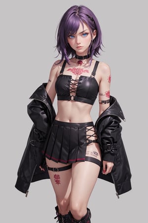 good hands, good body, 18 year old girl body,shoulder length semi wavy short straight purple hair,a red rose tattoo on the neck,letter tattoos on the fingers of the hand, chunky_lace_up_boots_black,pocket lining pleated tailored mini skirt in black, full_body