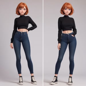 character sheet, orange haired girl, light blue background, beautiful, good hands, full body, looking to the camera, good body, 18 year old girl body, sexy pose, full_body, with small earrings, character_sheet, fashionable hairstyle, arcane style, clothes with accessories, Tall skinny jean in black, Miss Selfridge wide stripe crop knit sweater in chocolate stripe, Converse Chuck CT70 AT-CX Hi Sneakers In Black, Miss Selfridge thin stripe crop knit sweater in black stripe, girl smiling