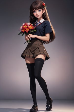  student clothes, beautiful, good hands, full body, good body, 18 year old girl body, school shoes, school skirt, school shirt, black shoes, sexy pose, full_bodyschool_uniform, shoes_black, with  school_shoes_black, arcane style, clothes with accessories, denier tights in beige, stockings_colorbeige, brown hair, straight hair, fair skin, light eyes, red flower in the girl's hair,1girl,glitter,shiny