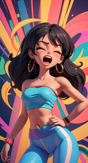 (masterpiece, best quality), 1girl, latina, latina girl, closed eyes, open mouth, teeth, upper body, bare shoulders, tube top, navel midriff, lowleg leggins, | abstract, (psychedelic), 3DMM