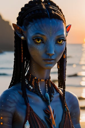 candid photo of beautiful age 18 girl, Neytiri, black hair, double bun, hair bun, freckles, sexy, beautiful, sunset, beach, dslr, 8k, 4k, ultrarealistic, realistic, natural skin, textured skin,Movie Still,cyborg style,mecha,Read description