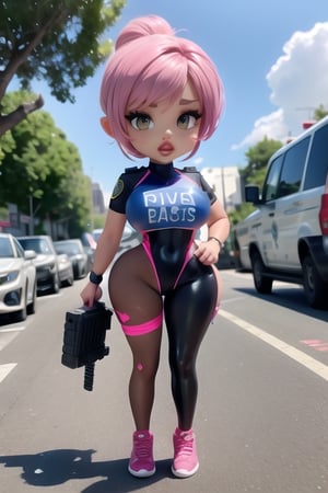 NSFW, tiny pixie gym girl, daytime outdoor, 8k, 4k, chibi, b1mb0, full body,Mushroom_Girl,police woman, pink LAPD police uniform, tight swat team bodysuit, tactical gear,transparent bodystocking