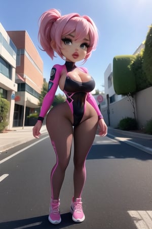 NSFW, tiny pixie gym girl, daytime outdoor, 8k, 4k, chibi, b1mb0, full body,Mushroom_Girl,police woman, pink LAPD police uniform, tight swat team bodysuit, tactical gear,transparent bodystocking