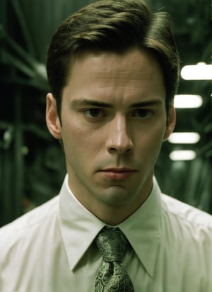 the matrix movie, (masterpiece), (extremely intricate:1.3), (realistic), beautiful lighting, professional lighting, film grain,portrait of neo, solo, realistic, looking at viewer, blurry, shirt and tie, closed mouth,