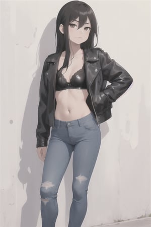 Asian girl, long black hair, (full length and oversized light blue worn out jeans, short chest high black leather jacket, small black bra underneath), full_body,  standing against a wall, relaxed, brown eyes, legs crossed, one hand on raised hip