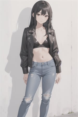 Asian girl, long black hair, (full length and oversized light blue worn out jeans, short chest high black leather jacket, small black bra underneath), full_body,  standing against a wall, relaxed, brown eyes, legs crossed