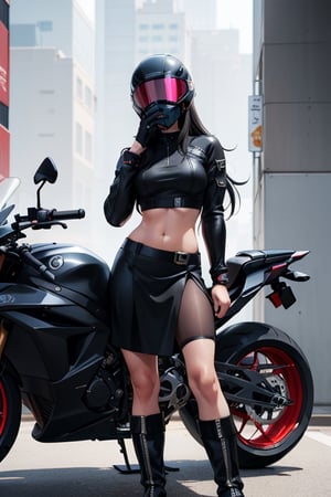 Sexy anime girl with long black hair, wearing a black skirt, a short black tight croptop, big black boots, and a black motorcycle helmet fully covering her face. She is posing sexily next to her futuristic black sports motorcycle. 