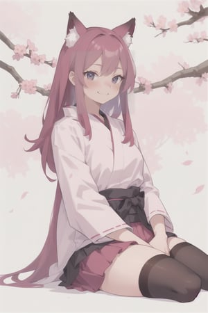 1 girl, teenager, beautiful, foxgirl, full_body, very dark pink, long dark pink_hair, sitting next to a sakura tree, vibrant, flowers falling from the tree, smirking, blushing, wearing thigh highs, and a very short Japanese mini skirt, complex_background, pink eyes, cute, flower in hair, no sleeves, wearing a fancy japanese shirt, 2 arms, full_body