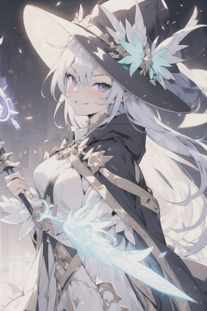 Sexy anime girl, sage, magic, wizard, wizard hat, purple cloak, midnight scene, long silver hair, magic_girl, detailed background ,1 girl, smirking, blushing, holding a magic wizard staff