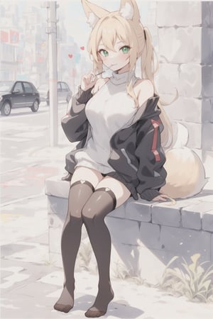 1girl, solo, long hair, breasts, teenager, looking at viewer, blush, smile, blonde hair, green eyes, thighhighs, animal ears, sitting, jacket, tail, full body, heart, (black thighhighs), off shoulder, sweater, fox ears, fox tail, ribbed sweater,1 girl, leaning on a wall on the street, standing, no shoes, sucking on a lollipop, full_body,lollipop, standing up