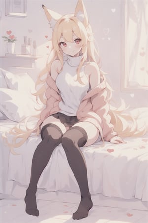 1girl, solo, long hair, breasts, looking at viewer, blush, smile, blonde hair, red eyes, thighhighs, animal ears, sitting, jacket, tail, full body, heart, (black thighhighs), off shoulder, sweater, fox ears, fox tail, wariza, letterboxed, ribbed sweater,1 girl, in her bedroom in her bed, full_body,pastelbg