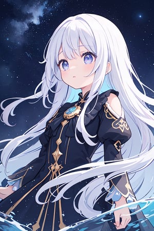 masterpiece, best quality, illustration, stars in the eyes,dishevelled hair,Starry sky adorns hair,1 girl,sparkling anime eyes,beautiful detailed eyes, beautiful detailed stars,blighting stars,emerging dark purple across with white hair,multicolored hair,beautiful detailed eyes,beautiful detailed sky, beautiful detailed water, cinematic lighting, dramatic angle,