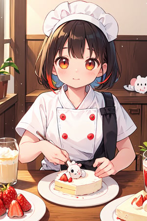 chibi, perfect-composition, Perfect pictorial composition, Creative poster, Cute, (mouse dressed as a chief), (mouse as chef), (Decorating a Really Delicious Cheesecake), (Cream cheese cake with strawberries), (messy table), (There are pieces of cheese scattered around.), (Best Quality:1.2), (Ultra-detailed), (Photorealistic:1.37), (HDR), (Vivid colors), (portrait of a), (Warm and bright color tones), (Soft diffuse lighting),food ,niji style