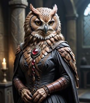 female humanoid owl, dungeons and dragons style, 19 century, noble, vitorian style, goth, brown feathers, victorian age, thin face, old woman,Movie Still, mix of woman and owl, high_res
