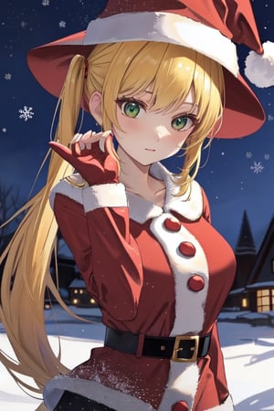 lola: very slender. Long, blonde hair. She has green eyes. pigtails tied wearing a large witch hat. wearing a santa suit with thigh high red boots, outside, black of night, snowflake pattern, upper_body portrait, Enhance, holding santa sack in arms, ,SaltBaeMeme