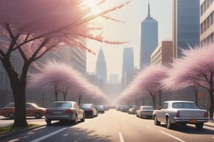 (masterpiece), (best quality), (detailed), light layer, city skyline, afternoon sun, cars and trucks in the street, light haze, empty street, cherry blossom trees 