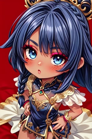 2d, masterpiece, best quality, anime, highly detailed face, highly detailed eyes, highly detailed background, perfect lighting, 1girl, brown skin,solo,close up, braided black hair, blue eyes, make-up, kiss makeup, gold mini dress and heels, hands on hips 