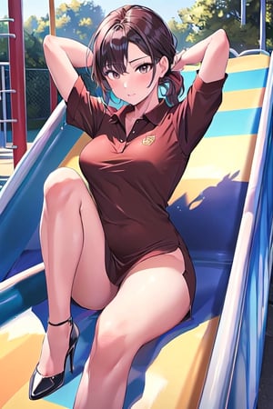 sksbrooke person, sksbrooke, (masterpiece:1.2), (best quality:1.2), perfect eyes, perfect face, 1girl, solo, brown eyes, (medium breasts), perky breasts, wearing a brown polo shirt and black mini dress, high heels, early morning playground background, arms behind head, sitting on the slide 