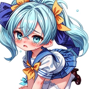 2d, masterpiece, best quality, anime, highly detailed face, highly detailed eyes, highly detailed background, perfect lighting, 1girl, solo, close up, blue hair, pigtails, blue eyes, two piece white and green sailor uniform, pleated mini skirt, stockings and heels, flower ribbons, sad, crying 