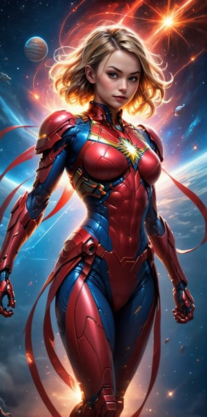 A futuristic (Spidergirl+little red riding hood+captain marvel hybrid) power armor with a mecha theme, metallic winglike ion jetpack boosters, pretty 1girl, floating in deep space, dynamic pose, armored cape, armored skirt, flying, bored face, lazy smile, twin tails long wild hair, golden body ratio, muscular fit body, glowing tattoo of branching straight lines, medium breasts, The suit is made of advanced materials that give it incredible strength and durability. The background is a vast nebula, with stars and planets scattered throughout. The special effects include glowing energy lines around the suit, and a cosmic energy field. Rendered in stunning photorealism, with incredible detail