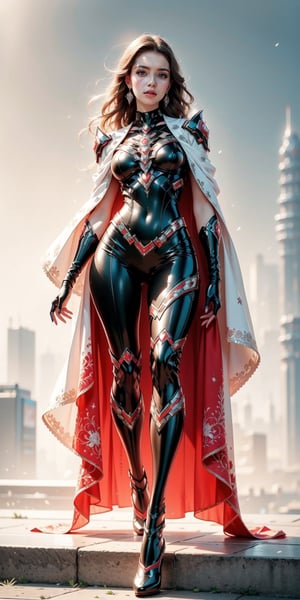 Best picture quality, high resolution, 8k, realistic, sharp focus, realistic image of elegant lady, Korean beauty, An adorable lady with a cheerful expression, straight long hair, a strong and agile body, adorned in a striking red and white  superhero power mech armor, sitting on the ledge, rooftop setting, muscular fit body, slightly visible abs, leggings, skirt, intricately designed power armor, white cape, realistic hands, realistic fingers, detailed fingernails 