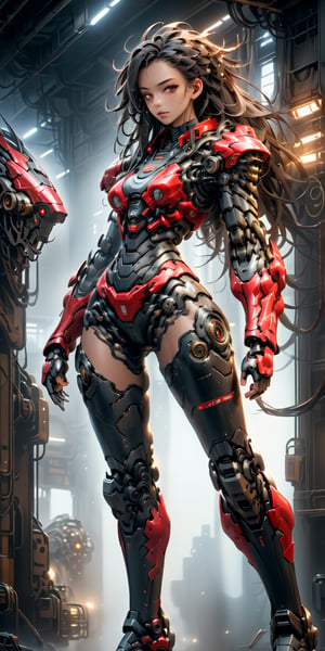 ((Best quality)), ((masterpiece)), (detailed: 1.4), Dark_fantasy, Cyberpunk, (Mecha made entirely of black adamantine, Black and red:1.1), 1girl, Mechanical Wonder, Robotic presence,cybernetic guardians, Masterpiece, full body shot, low angle, dynamic pose, highly detailed, At night, head_gear, shadowy, 8K, Mecha mask, Laser tool, feminine body, symmetrical structure, metallic dreadlocks hair