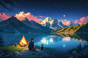 High quality, masterpiece, a man and a yorkshire dog sitting next to a firecamp in front of him and hes close to a lake and a mountain in the background during night time,PixelArt,