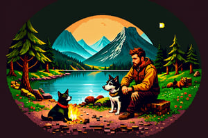 High quality, masterpiece, a man and a yorkshire dog sitting next to a firecamp in front of him and hes close to a lake and a mountain in the background during night time,PixelArt,