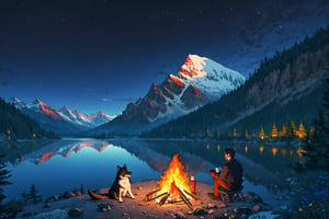 High quality, masterpiece, a man and a yorkshire dog sitting next to a firecamp in front of him and hes close to a lake and a mountain in the background during night time,PixelArt,