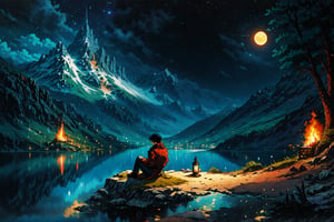 High quality, masterpiece, a man sitting on a rock next to a firecamp in front of him and hes close to a lake and a mountain in the background during night time,PixelArt,Retro,rayearth