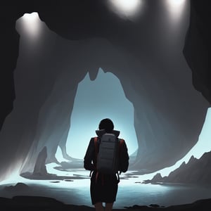 A tall adventurer, carrying a backpack, in front of a blue light lake, inside a very dark cave, shadows, lightless,vectorstyle,cat,Wlop,ghibli style
