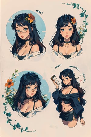 analog, (watercolor:0.4), hand drawn, Art Nouveau, rococo, Alphonse Mucha, anime face, 1 little girl, loli, bookworm, glasses, light smile, dress, hair ornaments, crop top, off shoulder, mini skirt, flowers, leafs, Bourgeois, full body,High detailed ,Detailedface,Detailedeyes,Shion face,anime,ASU1,bul4n,Circle,SAM YANG